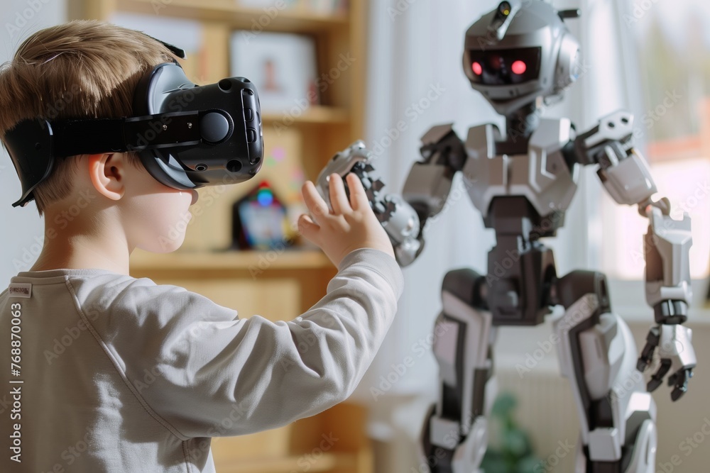 kid wearing vr headset controlling a humanoid robot toy