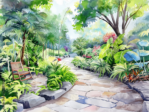 garden with flowers,tropical garden with trees,A chair on a stone walkway in a park made up of large trees and lush greenery.