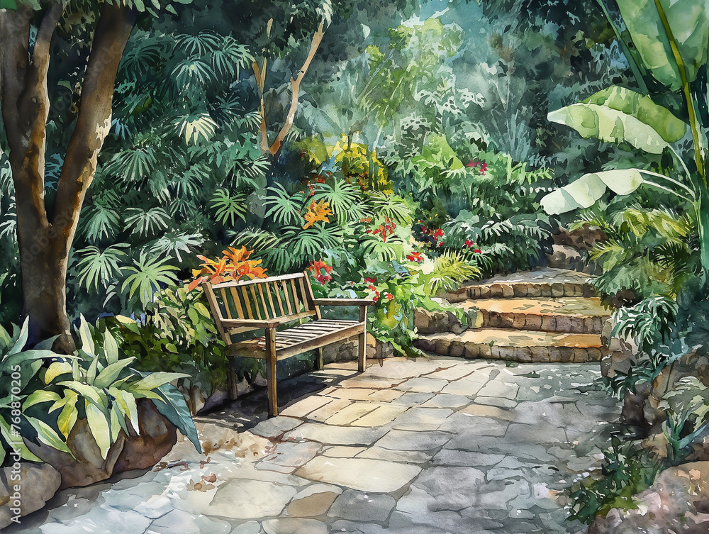 garden with flowers,tropical garden with trees,A chair on a stone walkway in a park made up of large trees and lush greenery.