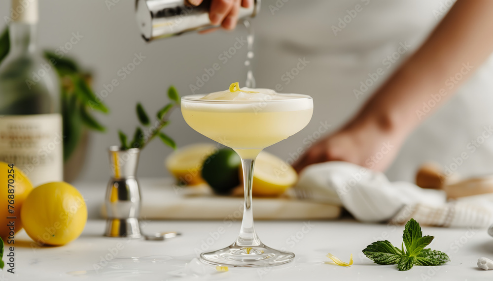 Bartender meticulously adding the final touch to a frothy lemon