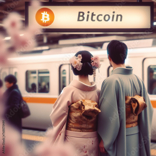 A Japanese couple wearing a traditional kimono stands at a Bitcoin station, a reminder of the importance of technology in everyday life. The atmosphere is filled with cherry blossoms in full bloom.