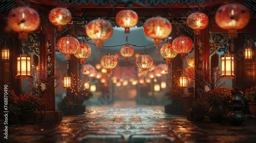 captivating atmosphere with Warm Glowing Lanterns in a festive night market theme, perfect for cultural decor and ambient lighting.