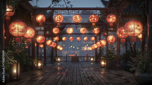 cozy atmosphere with radiant lanterns in a bustling Night Market setting, perfect for showcasing cultural decor and ambient lighting. © Kanisorn