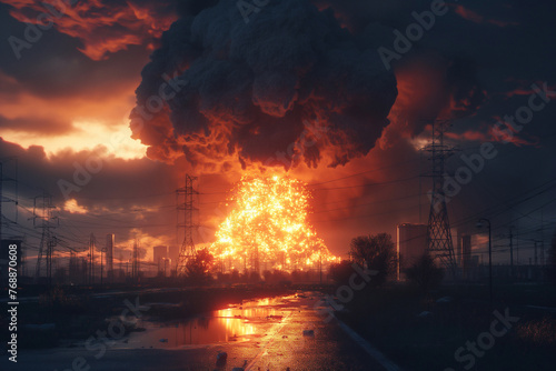 Nuclear war concept. Explosion of nuclear bomb. Creative artwork decoration in dark. Nuclear explosion. Digital art. Illustration
