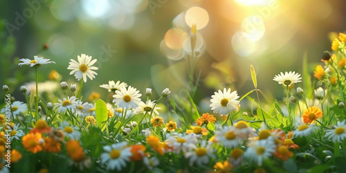 A beautiful spring summer meadow Chamomile flowers. Natural colorful panoramic landscape with many wild flowers of daisies against blue sky.banner © Nice Seven