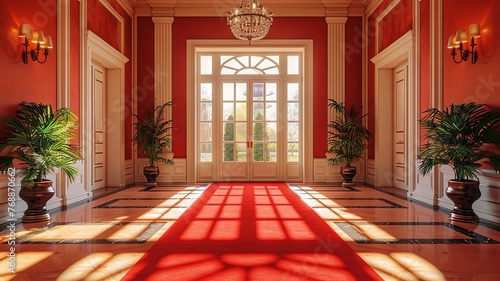Warm-toned entrance hall with red carpet and soft natural light