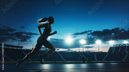 Silhouette of a female athlete running at the stadium at night. Dedication determination concept with room for text or copy space.