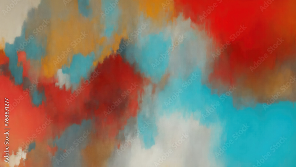 Abstract Red, Teal Gold and Gray art. Hand drawn by dry brush of paint background texture. Oil painting style