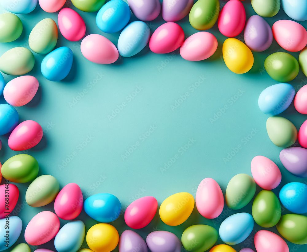 Multicolored Candy Eggs Encircle a Warm Beige Backdrop Multicolored Candy Eggs Encircle a Warm Beige Backdrop