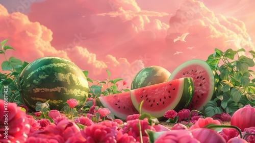 watermelon with a pink summer background photo