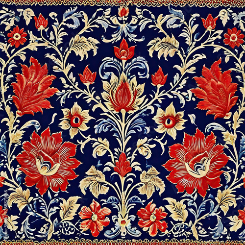 Design a pattern that reflects the hand-painted or block-printed art of Kalamkari. Focus on mythological stories  featuring deities  vines  and flowers  in natural dyes of red  indigo  and mustard.