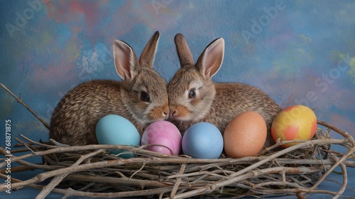 The epitome of springtime joy captured in a moment, with two fluffy Easter bunnies nestled in a nest among a profusion of bright eggs on a blue canvas. © anza