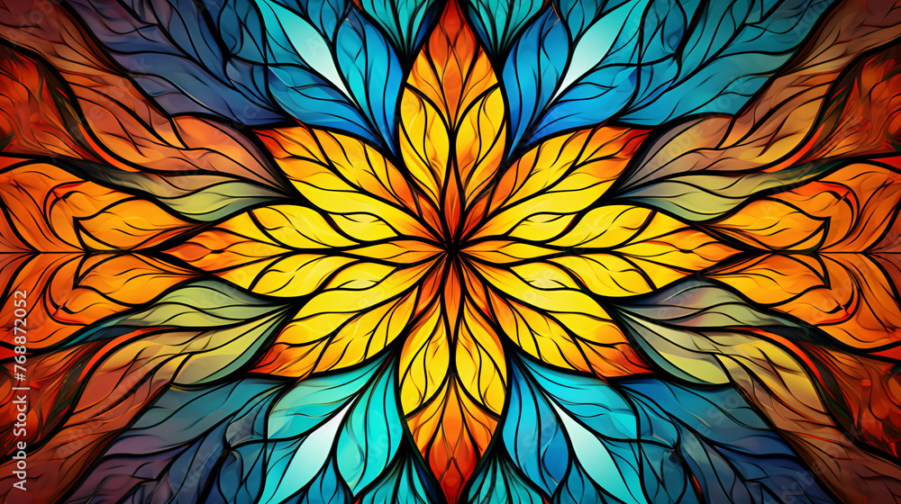 Floral patterns with stained glass effect and jewel tones. Kaleidoscopic art background. Floral patterns and stained glass art for creative background. Decorative art. Vibrant floral Kaleidoscope.