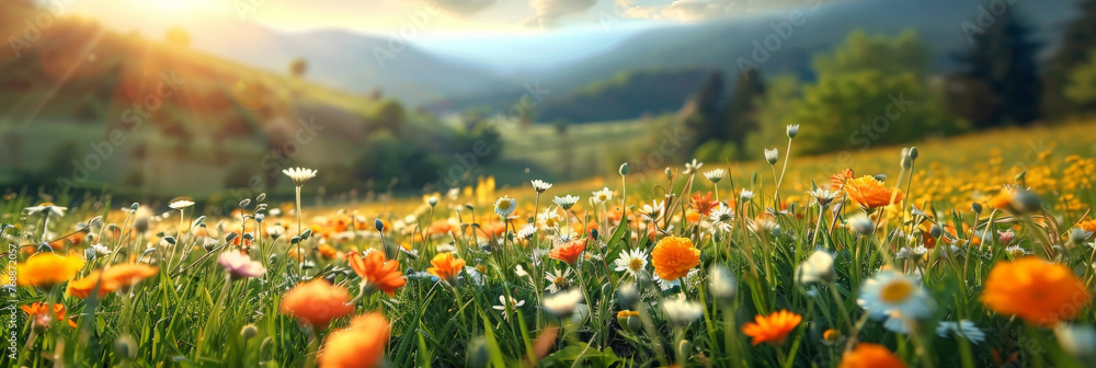 A bright sun shines on the green grass, yellow wildflowers of daisies blooming on blue sky background.A beautiful spring summer meadow..banner - obrazy, fototapety, plakaty 