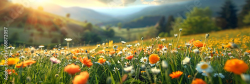 A bright sun shines on the green grass, yellow wildflowers of daisies blooming on blue sky background.A beautiful spring summer meadow..banner