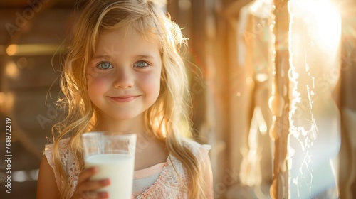 The child  went to the farm is drinking milk in the morning with a happy face.