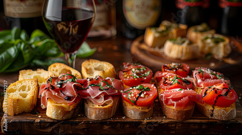 Wooden cutting board displaying bread  tomatoes  and a glass of wine