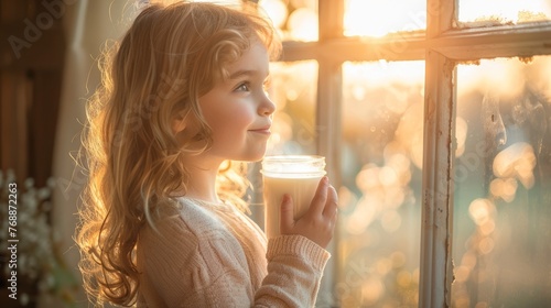 The child  went to the farm is drinking milk in the morning with a happy face.