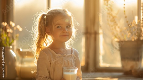 The child  went to the farm is drinking milk in the morning with a happy face.