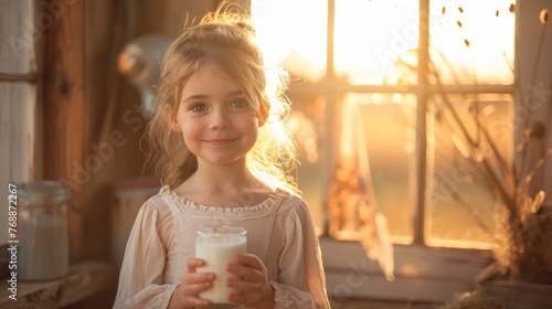 The child  went to the farm is drinking milk in the morning with a happy face.