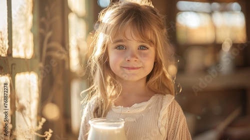 The child  went to the farm is drinking milk in the morning with a happy face.