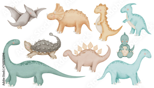 Dinosaurs Set Watercolor clipart. Cute Baby dino illustration. Hand drawn on isolated white background. Prehistoric jungle animals drawing. For kids room wall art stickers and posters.