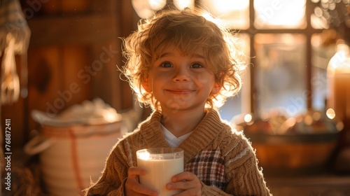 The child  went to the farm is drinking milk in the morning with a happy face.