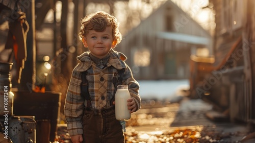 The child  went to the farm is drinking milk in the morning with a happy face.