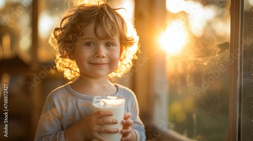 The child  went to the farm is drinking milk in the morning with a happy face.