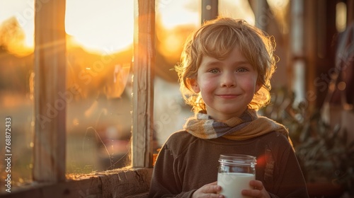 The child  went to the farm is drinking milk in the morning with a happy face.