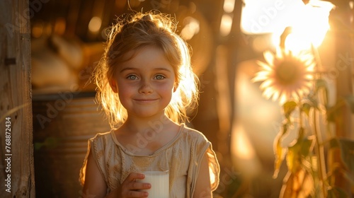 The child  went to the farm is drinking milk in the morning with a happy face.