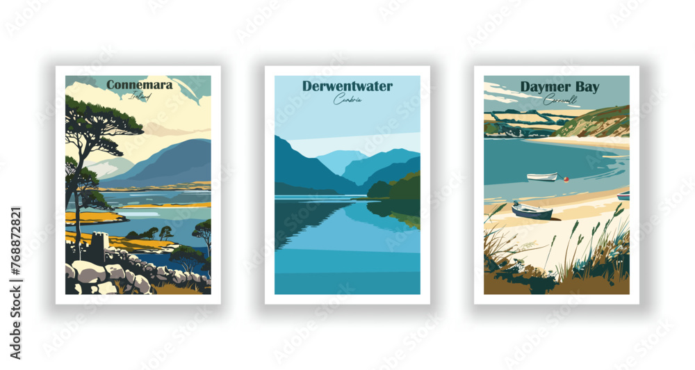Connemara, Ireland. Daymer Bay, Cornwall. Derwentwater, Cumbria - Set of 3 Vintage Travel Posters. Vector illustration. High Quality Prints