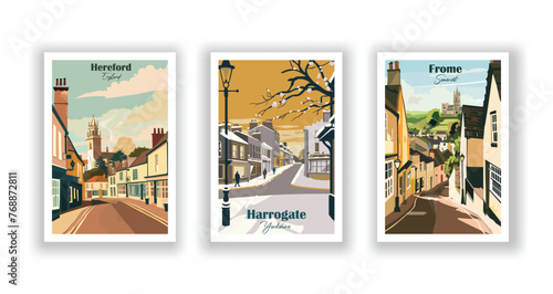 Frome, Somerset. Harrogate, Yorkshire. Hereford, England - Set of 3 Vintage Travel Posters. Vector illustration. High Quality Prints photo