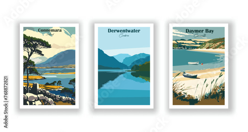 Connemara  Ireland. Daymer Bay  Cornwall. Derwentwater  Cumbria - Set of 3 Vintage Travel Posters. Vector illustration. High Quality Prints