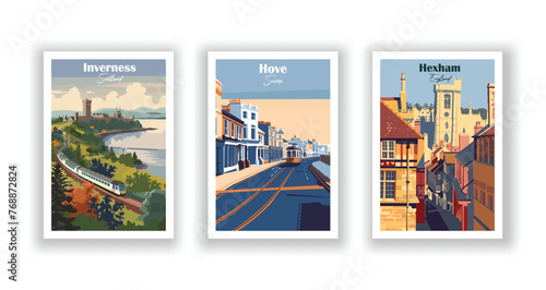 Hexham, England. Hove, Sussex. Inverness, Scotland - Set of 3 Vintage Travel Posters. Vector illustration. High Quality Prints photo