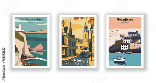 Mevagissey, Cornwall. Oxford, England. Pembrokeshire, Wales - Set of 3 Vintage Travel Posters. Vector illustration. High Quality Prints