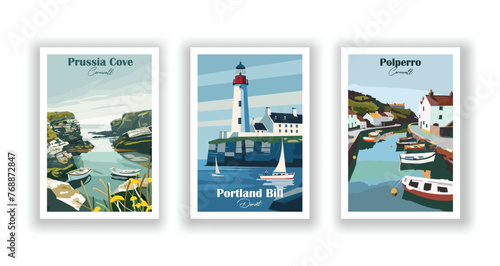 Polperro, Cornwall. Portland Bill, Dorset. Prussia Cove, Cornwall - Set of 3 Vintage Travel Posters. Vector illustration. High Quality Prints photo
