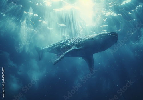 Cinematic diving in ocean around sharks and whale. © Farid