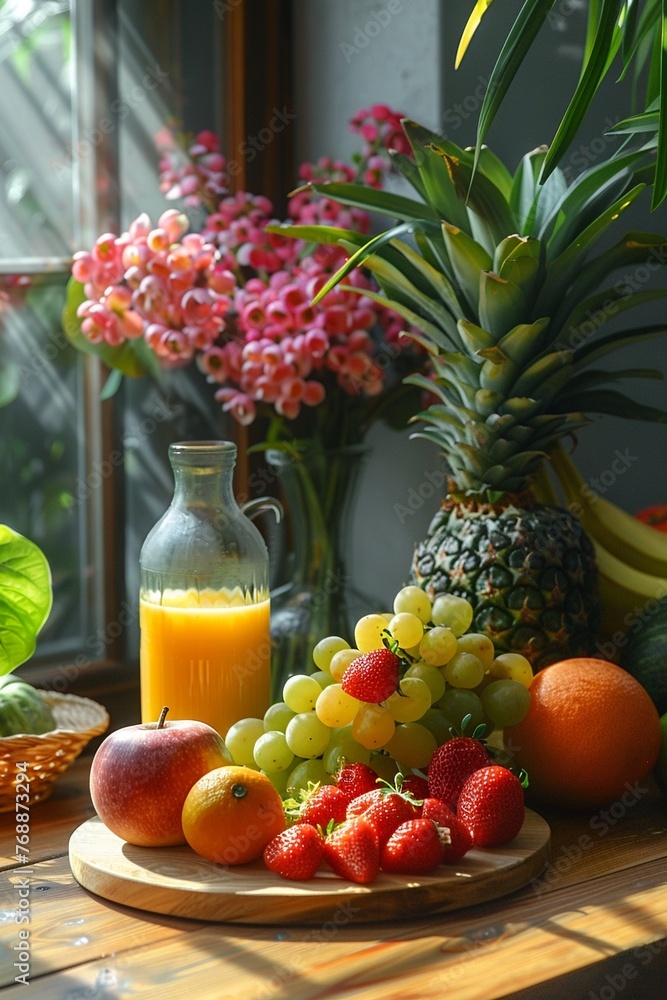 Morning smoothie preparation, vibrant fruits and vegetables, sunny kitchen, fresh start , 3D render