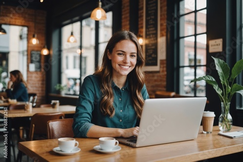 Smiling young female entrepreneur getting work done while sitting at a table in a cafe using a laptop