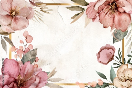 watercolor frame with gold border, pink and beige flowers on white background Generative AI