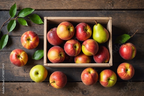 Fresh Nectarines with pears in a wooden box