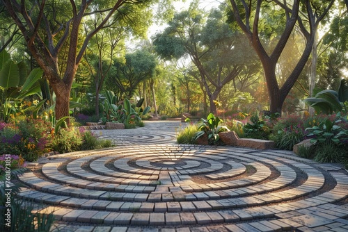 Outdoor meditation labyrinth, mindful walking, garden setting, reflective journey, warm afternoon , octane render