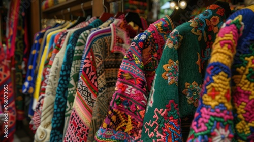 Display of colorful, patterned sweaters at a local market