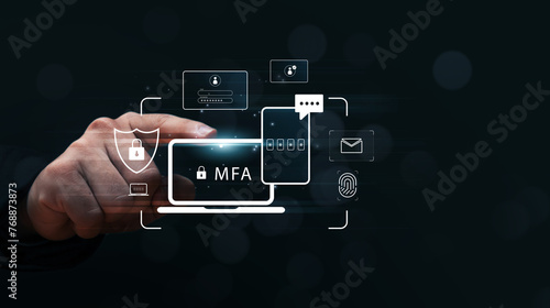 Multiple factor authentication MFA method using portable devices to protect data and account on internet data security concept, businessman finger touching secure computer technology graphics icon. photo