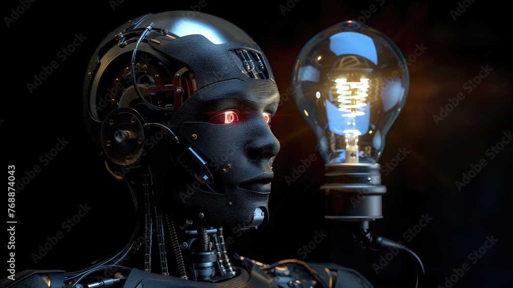 A humanoid robot with intricate design details holds a glowing light bulb, symbolizing AI innovation A humanoid robot with intricate design details holds a glowing light bulb, symbolizing AI innovation