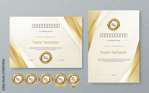 White and gold certificate design with luxury and modern certificate award design template pattern. Certificate of achievement, awards diploma, education, school