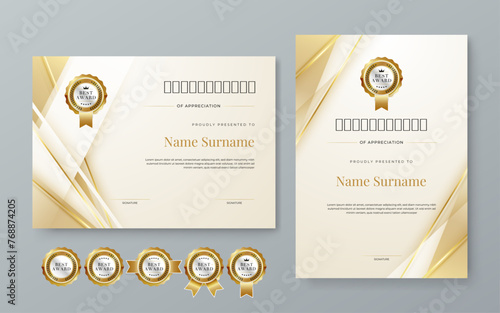 White and gold vector flat and gradient modern certificate template for corporate or awards. For appreciation, achievement, awards diploma, corporate, and education