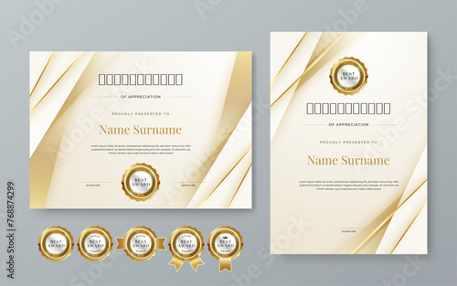 White and gold certificate of appreciation border template with luxury badge and modern line and shapes. Certificate of achievement, awards diploma, education, school