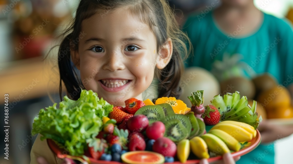 A child proudly presenting their creation a colorful fruit and veggie platter,health eating A child proudly presenting their creation a colorful fruit and veggie platter,health eating